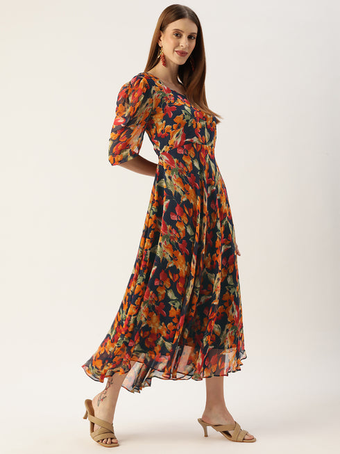 Women A-line Multicolour Flared Printed Dress