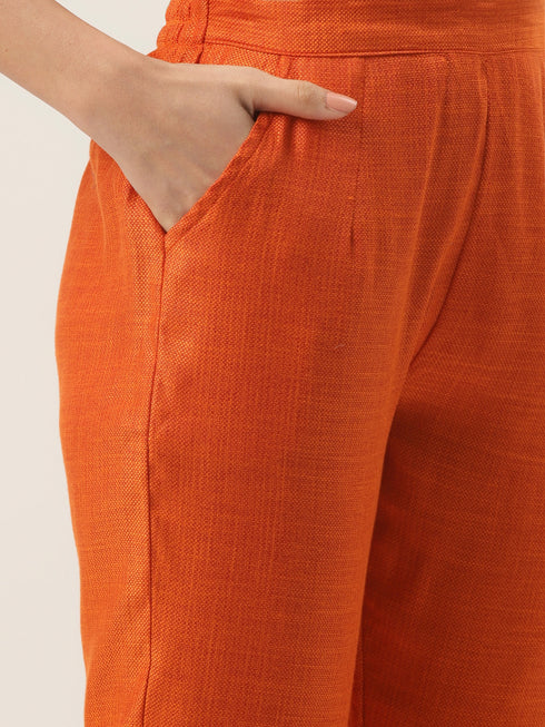 Orange Rayon Blend Straight Embroidered Kurta Pant Set