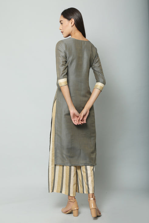 Grey Solid Resham Slub Suit Set