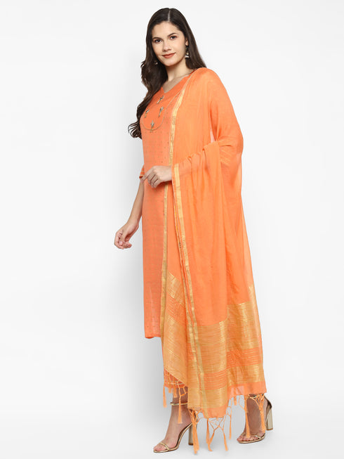 Orange Straight Chanderi Silk Kurta Suit Set