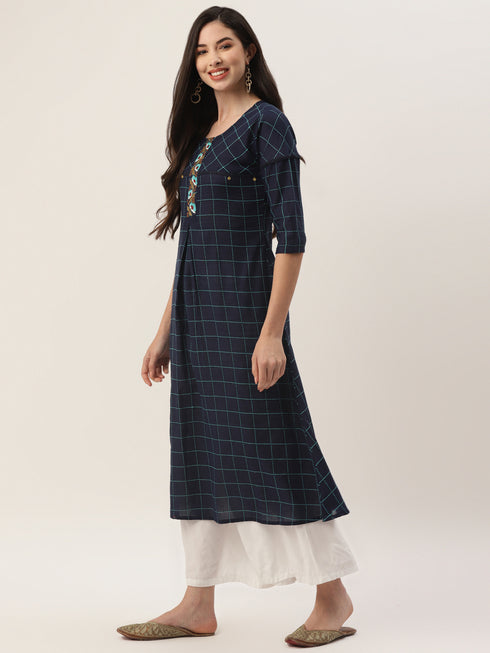 Women Embroidered Cotton Blend A-line Kurta  (Navy Blue)