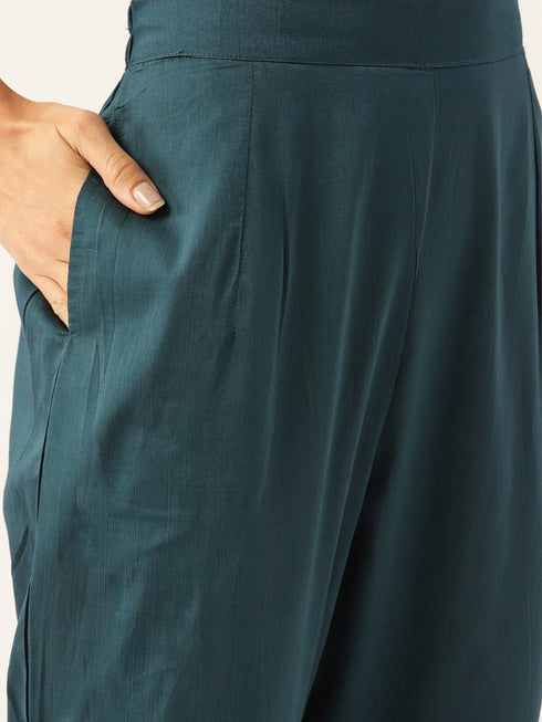 Peacock-Coloured Pure Chanderi Embroidered Kurta Suit Set