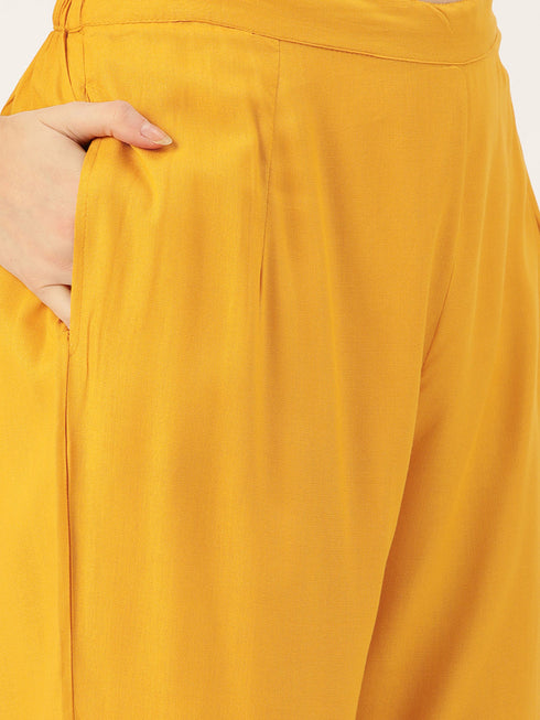 Yellow Panelled Printed A-Line Rayon Kurta Suit Set