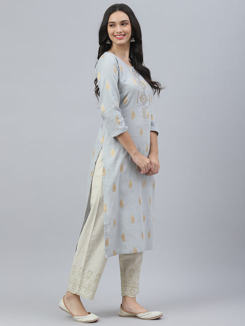 Embroidered Cotton Straight Kurta (Grey)