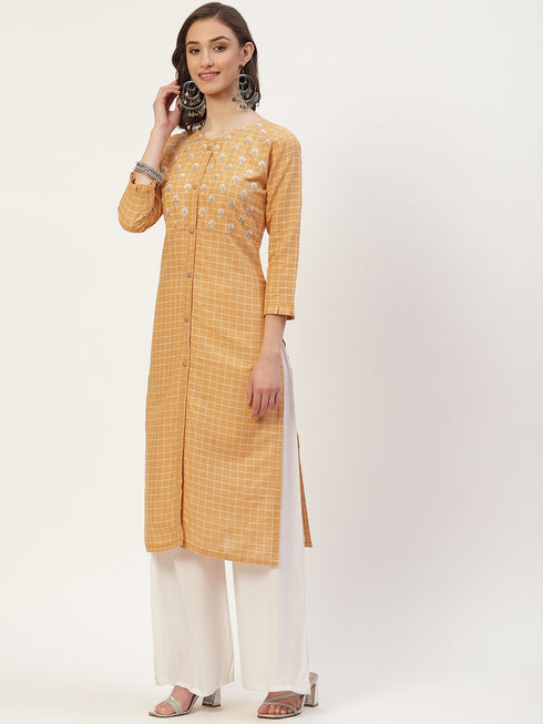 Women Embroidered Pure Cotton Straight Kurta (Orange)