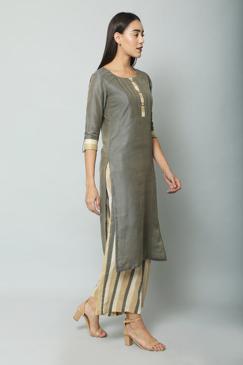 Grey Solid Resham Slub Suit Set