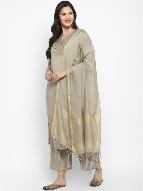 Women Grey Straight Chanderi Silk Kurta with Palazzos & Dupatta