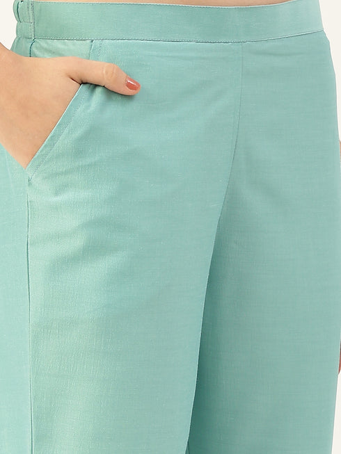 Women Rayon Embroidery Kurta Trousers Set (White)