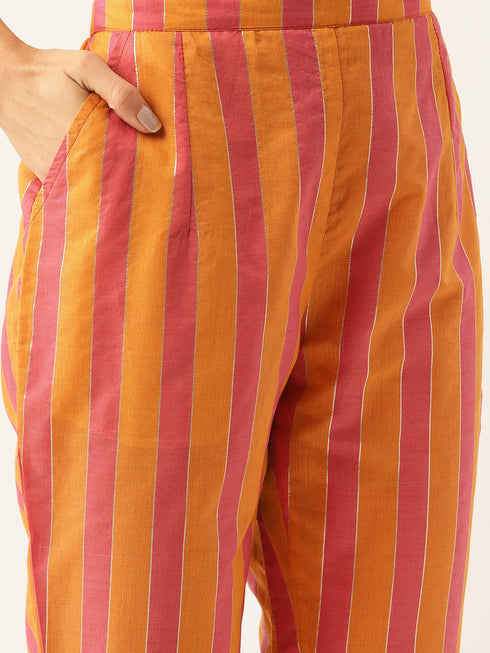 Rust Striped Work Chanderi Silk Kurta Suit Set