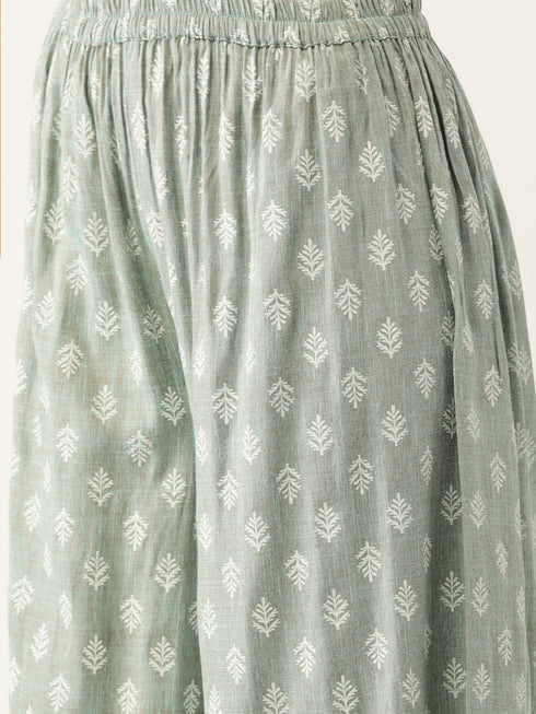 Green Rayon Printed Flared A-Line Kurta Suit Set