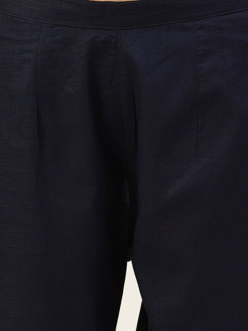 Navy Blue Cotton Blend Straight Kurta Suit Set