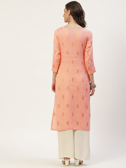 Women Embroidered Cotton Blend Straight Kurta (Orange)