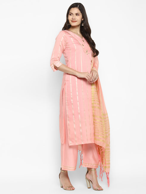 Women Pink Straight Chanderi Silk Kurta with Palazzos & Dupatta
