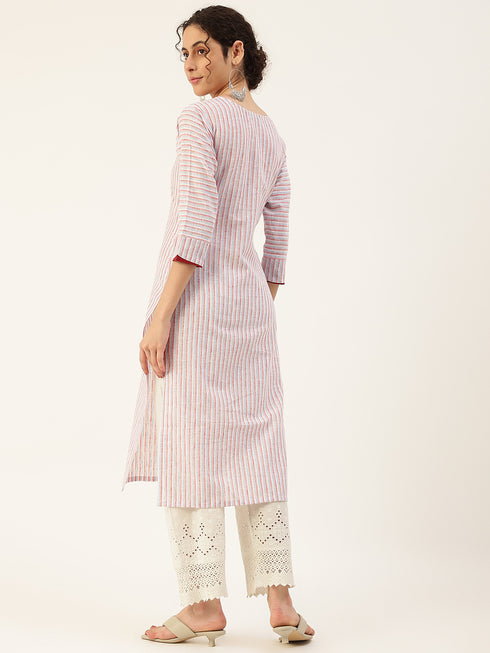 White Embroidered Cotton Checked Straight Kurta