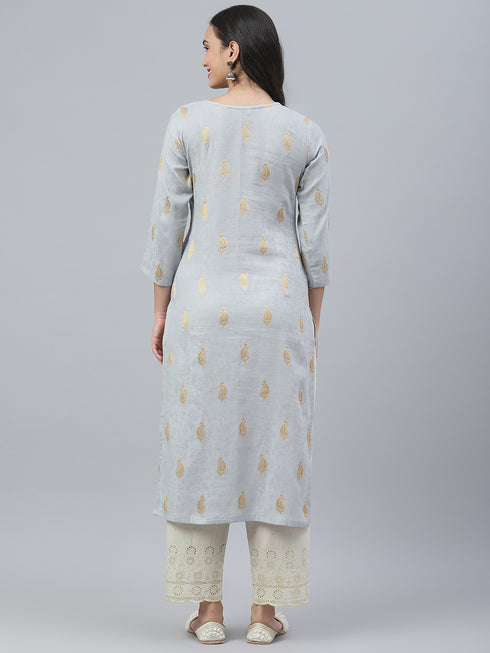 Embroidered Cotton Straight Kurta (Grey)