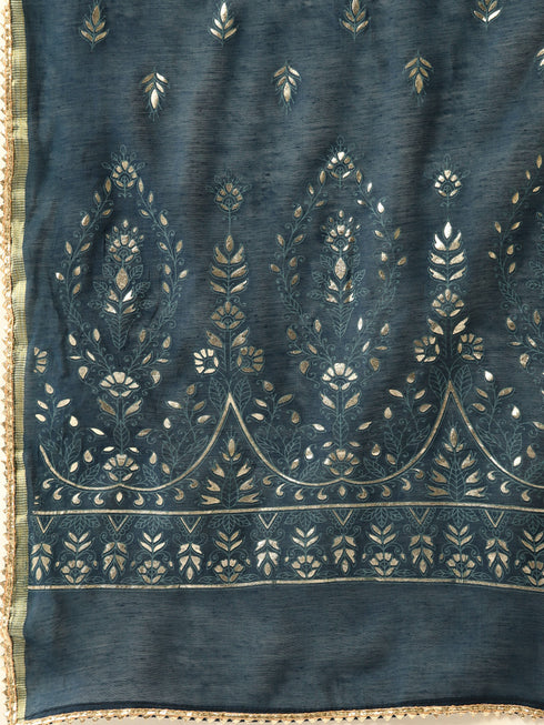 Peacock-Coloured Pure Chanderi Embroidered Kurta Suit Set