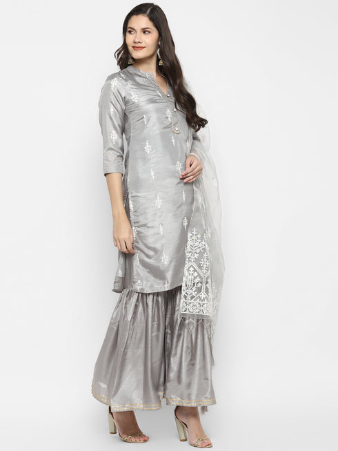 Printed Grey Silk Straight Kurta Suit Set