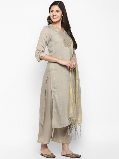 Women Grey Straight Chanderi Silk Kurta with Palazzos & Dupatta