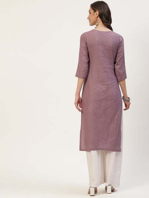 Women Embroidered Cotton Blend Straight Kurta (Purple)