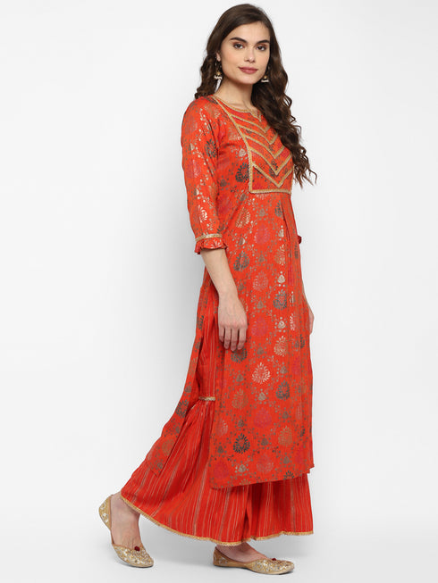 Orange Linen Ethnic Motifs Printed Regular Kurta Suit Set