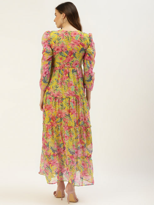 Yellow Self Design Chiffon Layered A-Line Flared Dress