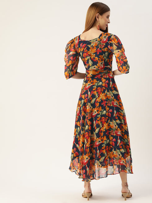 Women A-line Multicolour Flared Printed Dress