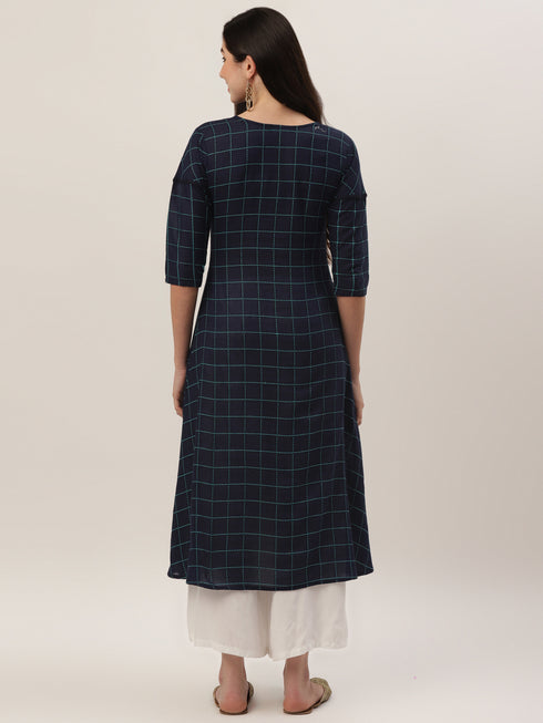 Women Embroidered Cotton Blend A-line Kurta  (Navy Blue)