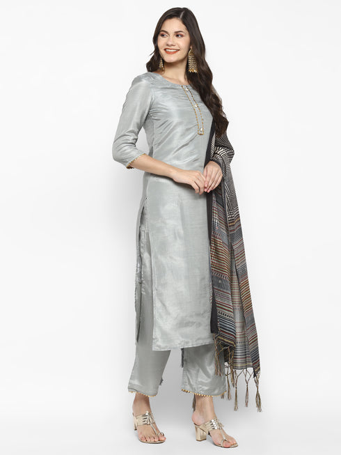 Women Grey Gotta Patti Kurta with Palazzos & With Dupatta