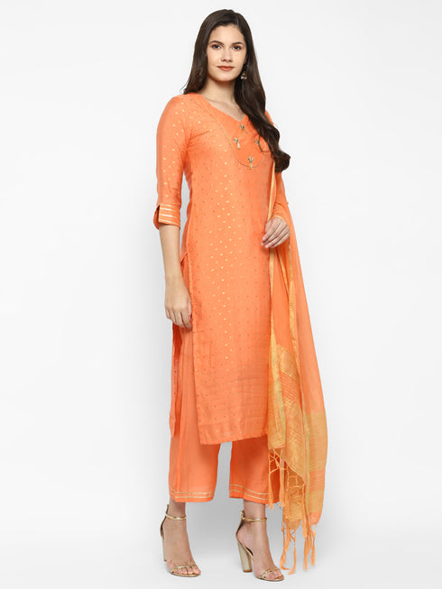 Orange Straight Chanderi Silk Kurta Suit Set