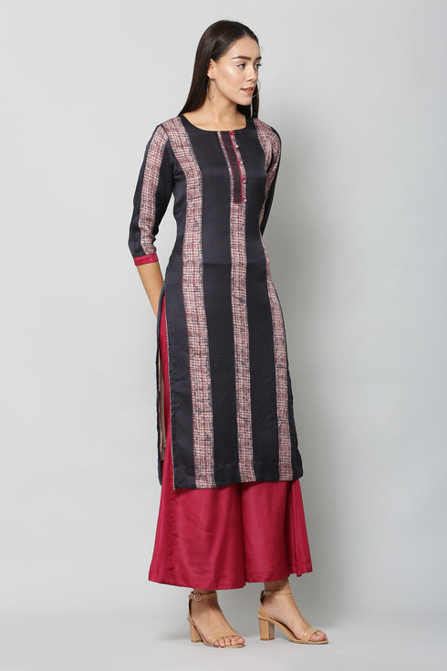 Maroon Satin Printed Round Neck Kurta Suit Set