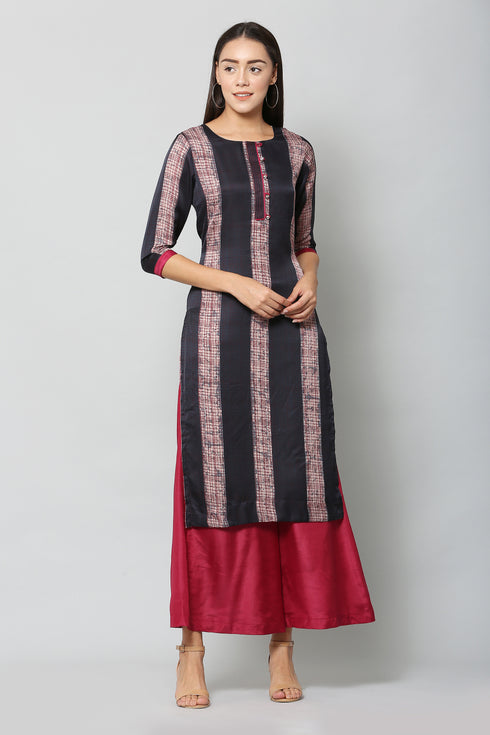 Maroon Satin Printed Round Neck Kurta Suit Set