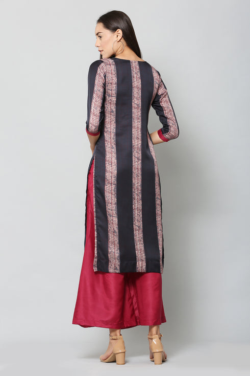 Maroon Satin Printed Round Neck Kurta Suit Set