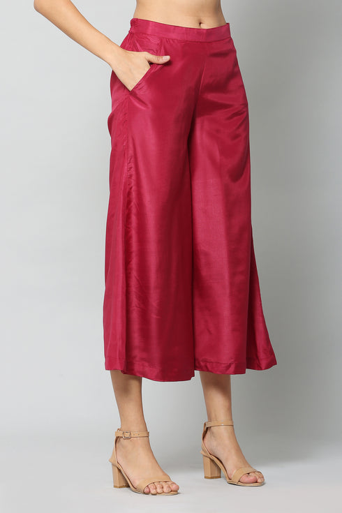 Maroon Satin Printed Round Neck Kurta Suit Set