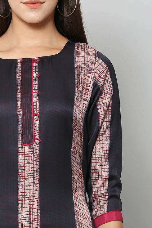 Maroon Satin Printed Round Neck Kurta Suit Set