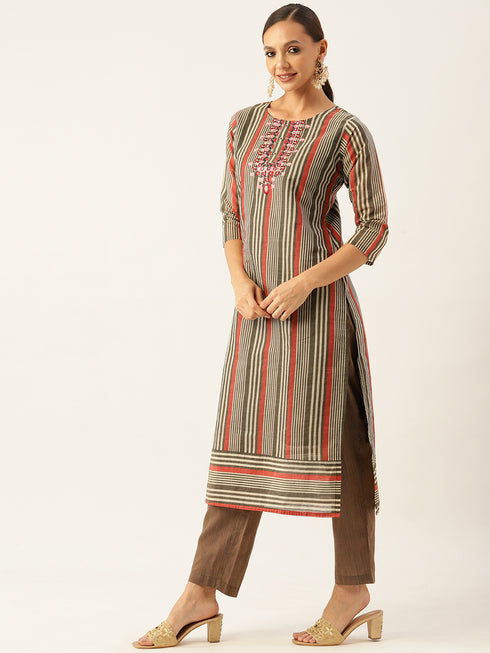 Grey Striped Chanderi Silk Kurta Suit Set