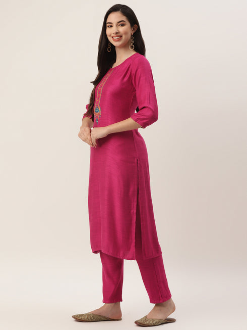 Pink Rayon Straight Embroidered Kurta Pant Set