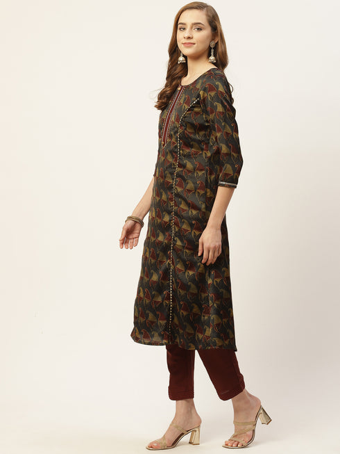 Dark Grey Satin Straight Printed Kurta Suit Set