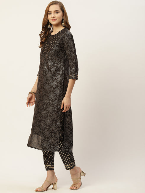 Black Crepe Silk Gold Printed Straight Kurta Suit Set