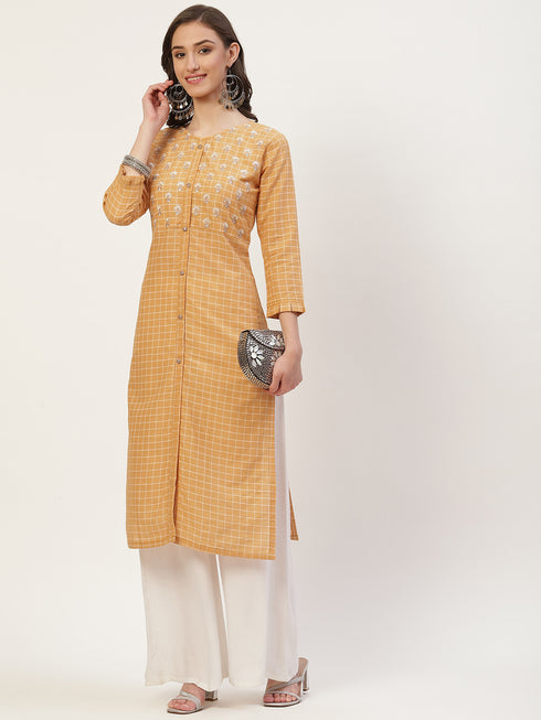 Women Embroidered Pure Cotton Straight Kurta (Orange)