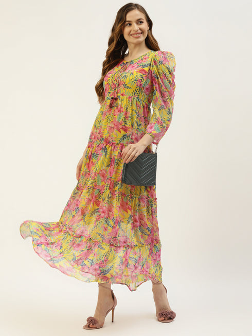 Yellow Self Design Chiffon Layered A-Line Flared Dress