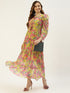 Yellow Self Design Chiffon Layered A-Line Flared Dress