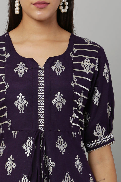 Purple Rayon Printed Straight Kurta Suit Set