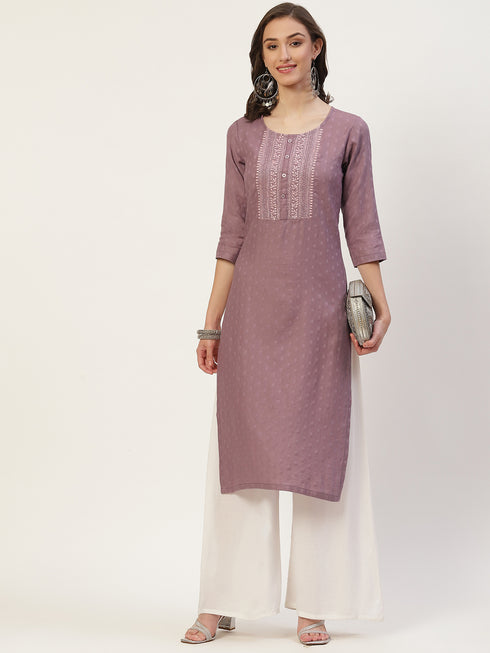Women Embroidered Cotton Blend Straight Kurta (Purple)
