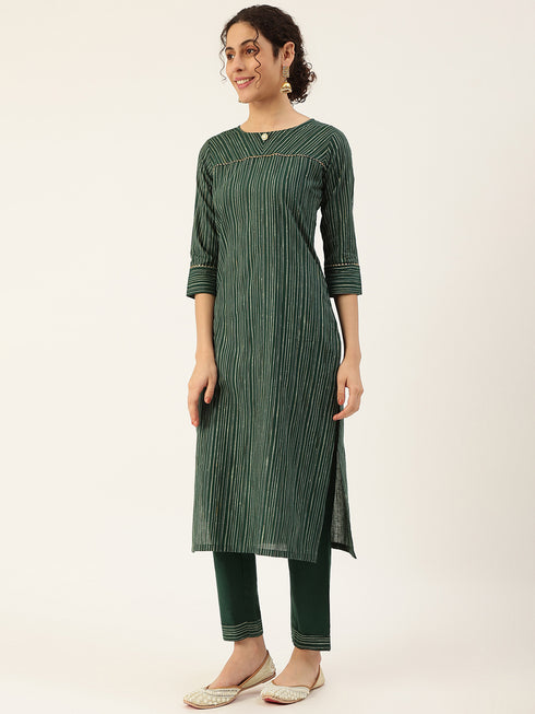 Green Cotton Blend Straight Kurta Suit Set