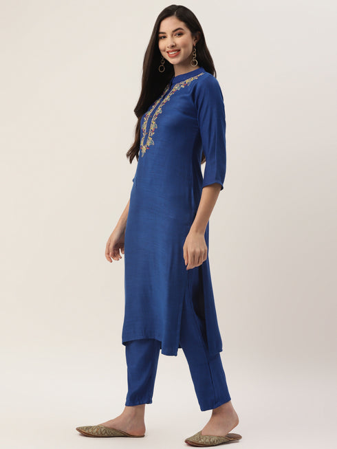 Royal Blue Rayon Straight Embroidered Kurta Pant Set