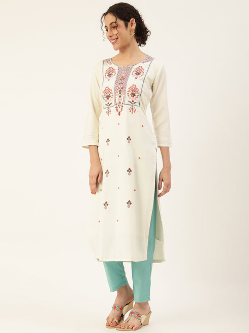 Women Rayon Embroidery Kurta Trousers Set (White)