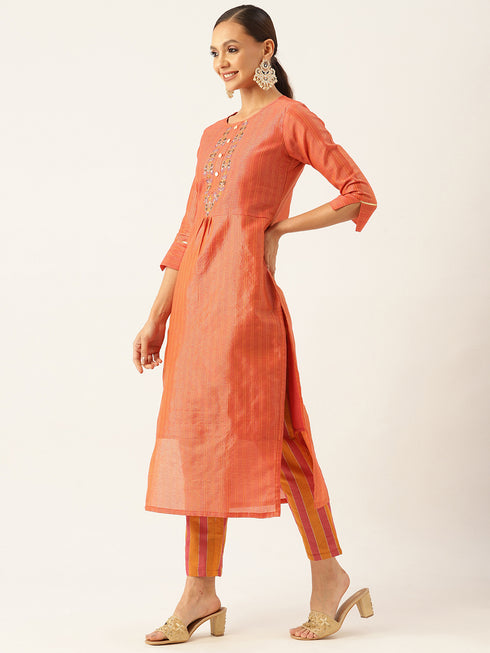 Rust Striped Work Chanderi Silk Kurta Suit Set