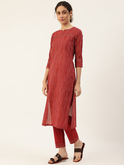 Red Cotton Blend Straight Kurta Suit Set