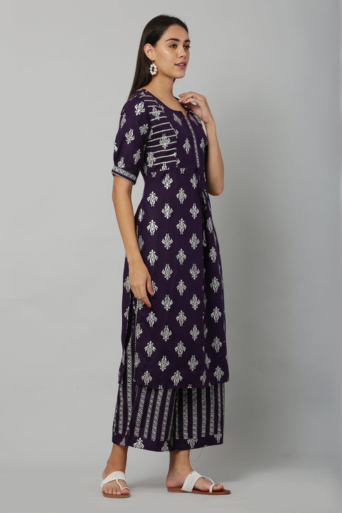 Purple Rayon Printed Straight Kurta Suit Set