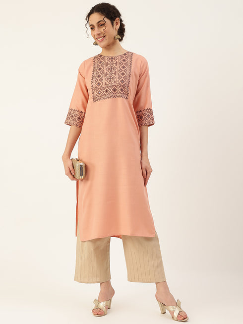 Embroidery Cotton Aari Work Straight Side Slit Kurta